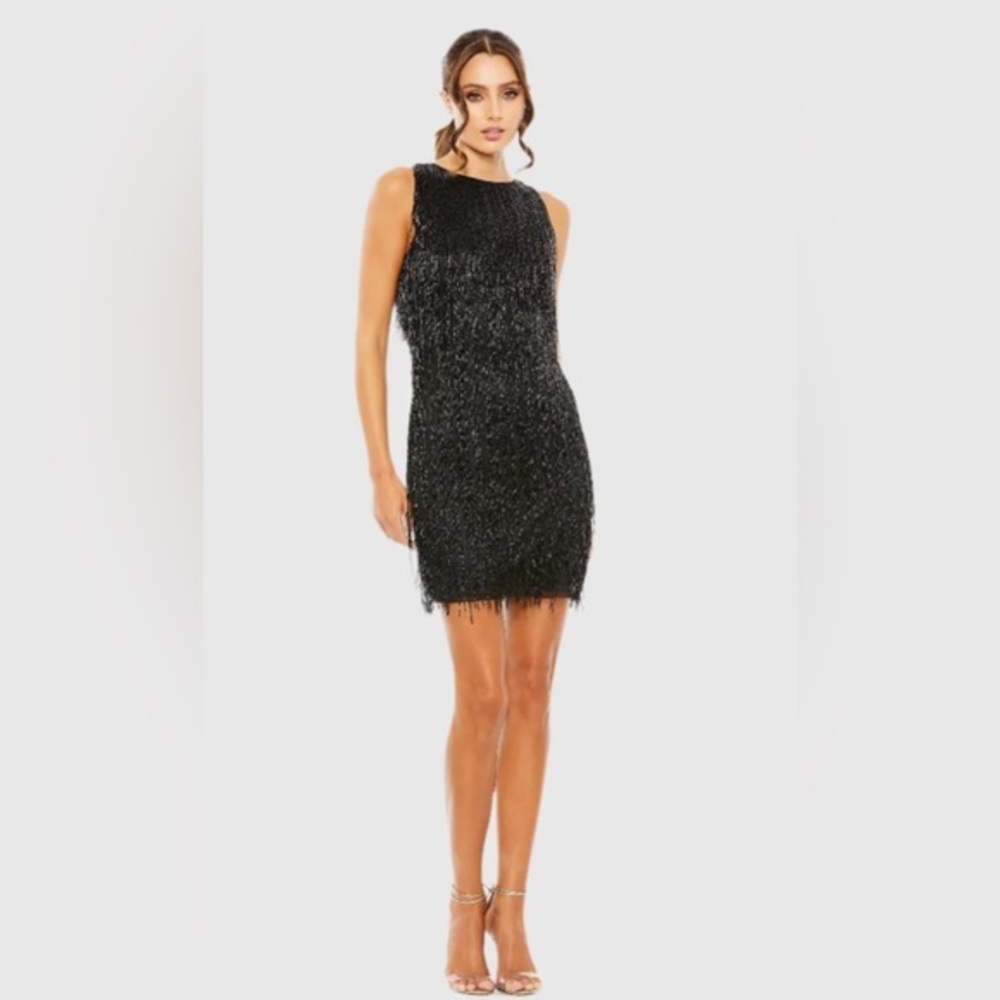 NWT | Mac Duggal Black Embellished Beaded Fringe Dress Size 8